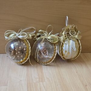 Set Of 3 Gold & Glass Holiday Handmade Ornaments